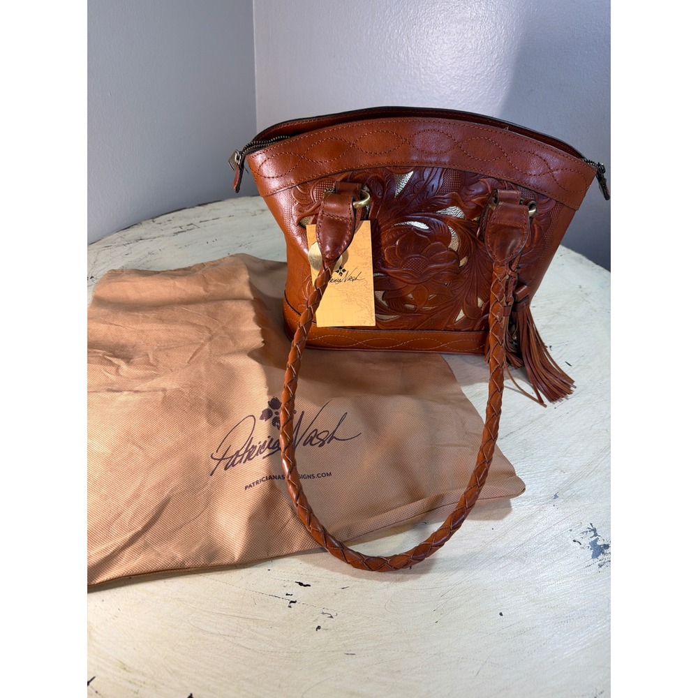 Patricia Nash Leather Shoulder Bag Women Medium Tan Gold Tooled Floral Tassel - Picture 6 of 9